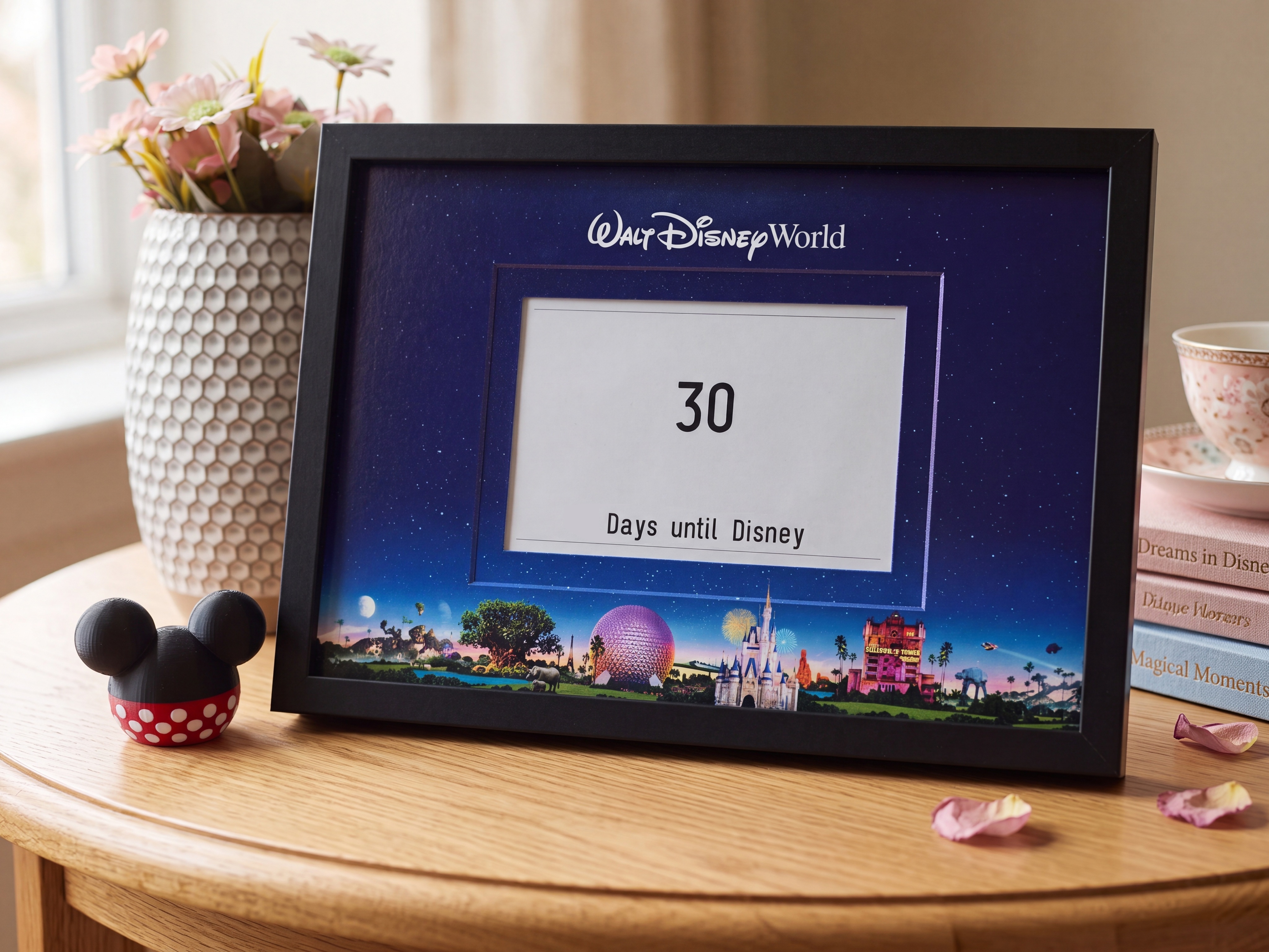 MagicWaits e-paper display in a frame, showing a trip countdown, weather and wait times