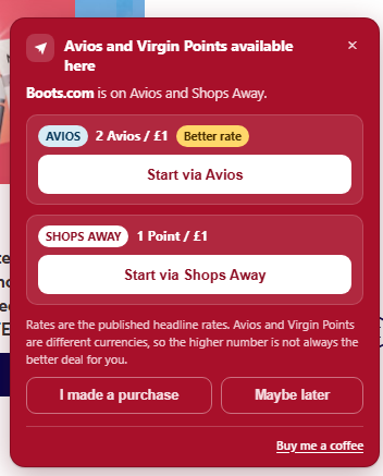 The extension reminder showing Avios and Virgin Points earning options for Boots.com.